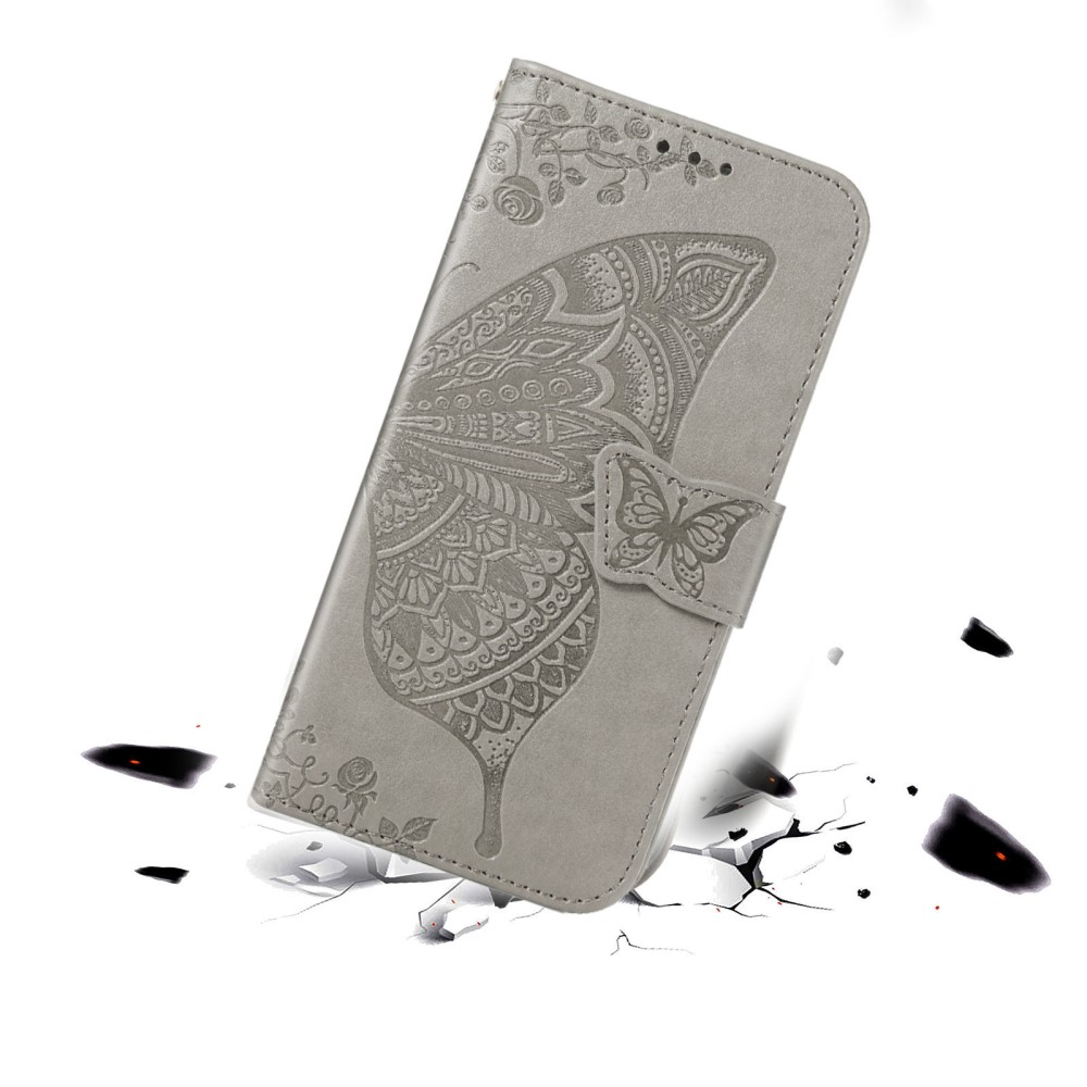 Samsung Galaxy S21 FE 5G Leder Tasche Flip Cover Schmetterlinge Imprint - Grau