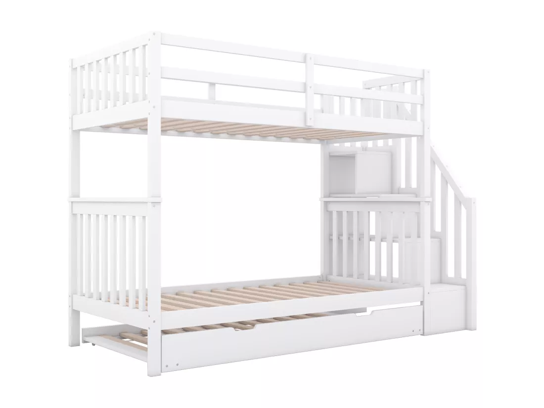 Lit superposé pour enfants, cadre escalier, avec lit gigogne, barrières hautes, blanc, 90*200 cm