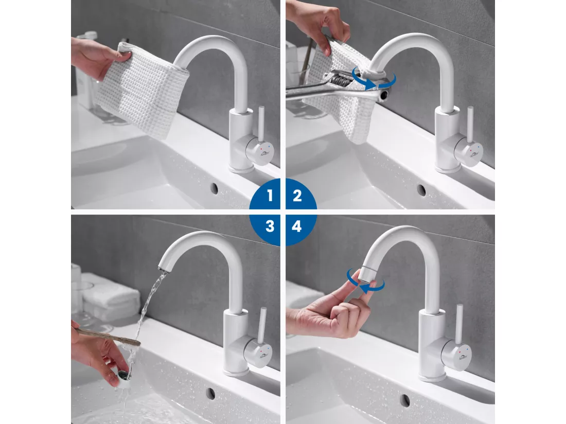 Mitigeur Lavabo, AuraLum Max Robinet Lavabo Haut Pivotant à 360°, Robinet Lavabo Salle de Bain Monocommande avec Aérateur Démotable, Blanc,EU Modèle