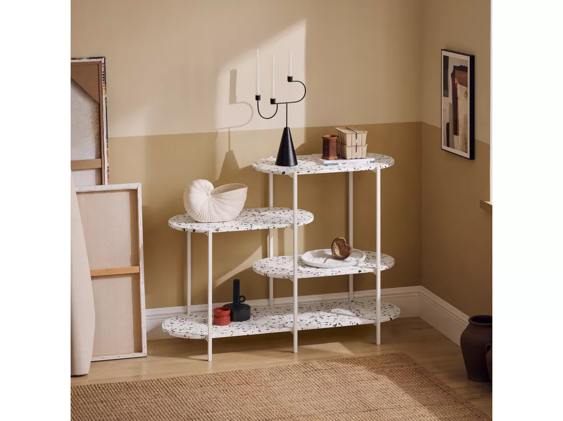 SoBuy Table Console, Table d'Appoint, Table d’Entrée, Étagère de Rangement, Étagère Asymétrique à 4 Niveaux, Cadre en Métal, pour Entrée, Salon, Chambre, 120x40x86 cm, Blanc, FSB89-W