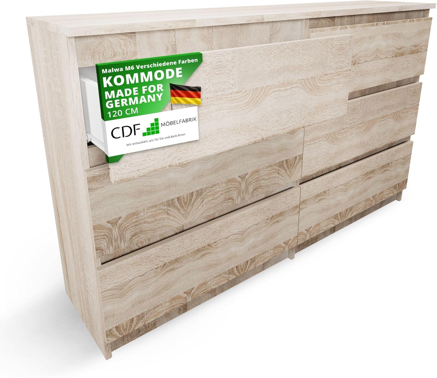 CDF Kommode Eiche Sonoma mit 6 Schubladen 30 cm Tief Komodenschrank Komode für Wohnzimmer Schlafzimmer Schubladenschrank Malm Kommode viel Stauraum Geeignet Organizer Kleidung 120cm Breite Modern Look