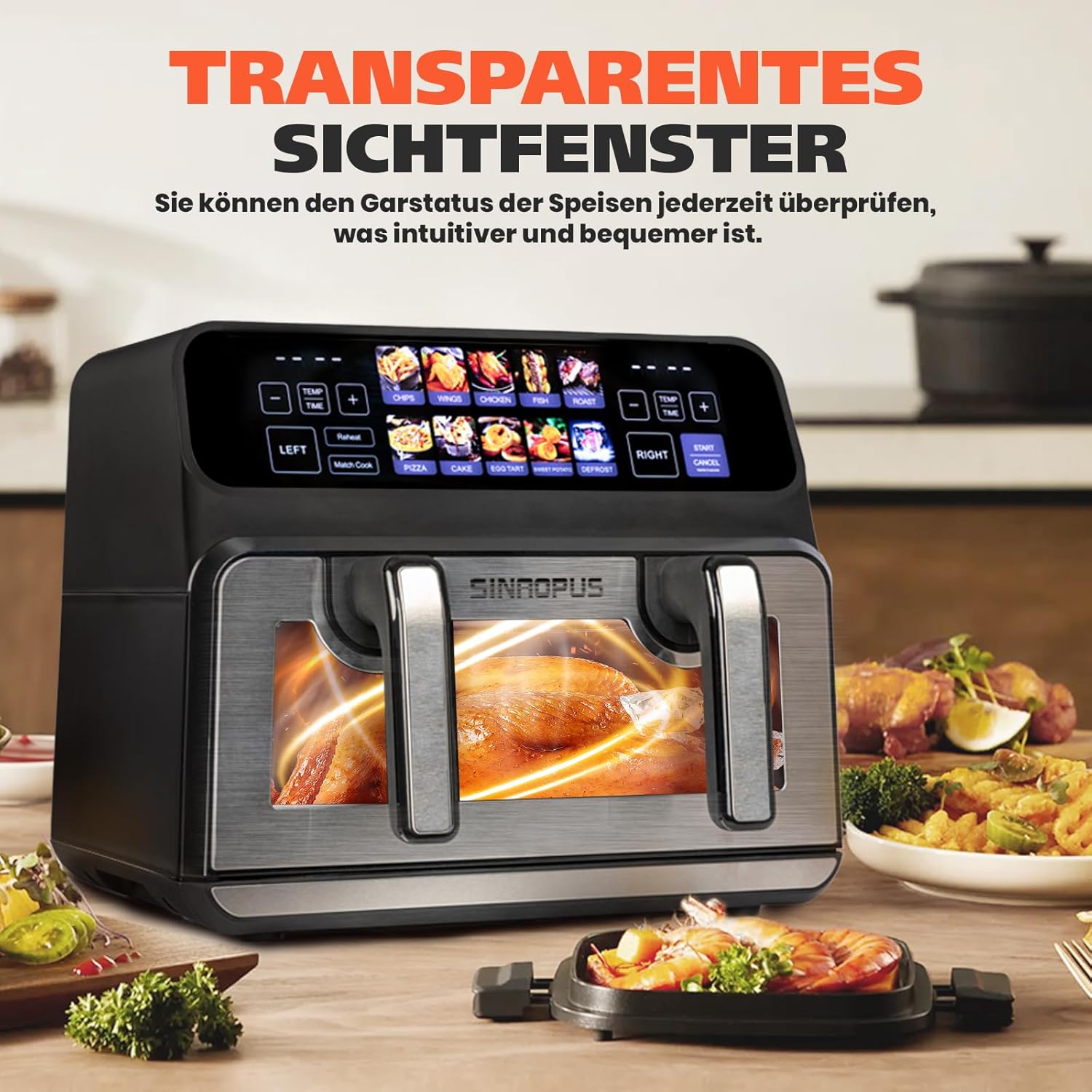 Dual Zone 9L-802TS Heißluftfritteuse, XXL Doppelkammer 2200W Heißluftfritteuse mit Trennwand, LED Touch Display, 8 Programme, 10-in-1 Heißluftfritteuse mit 2 Körben