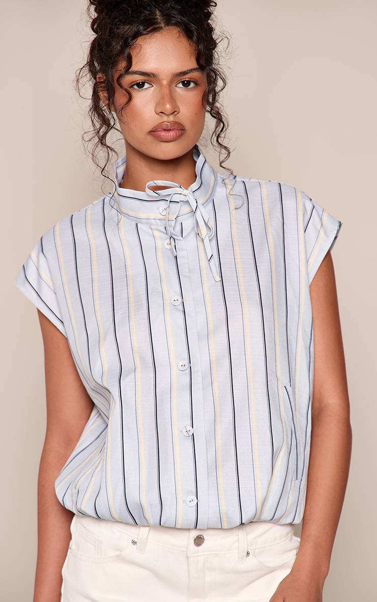 Bleu Clair Chemise Sans Manches À Rayures Col Montant Avec Détail Nœud
