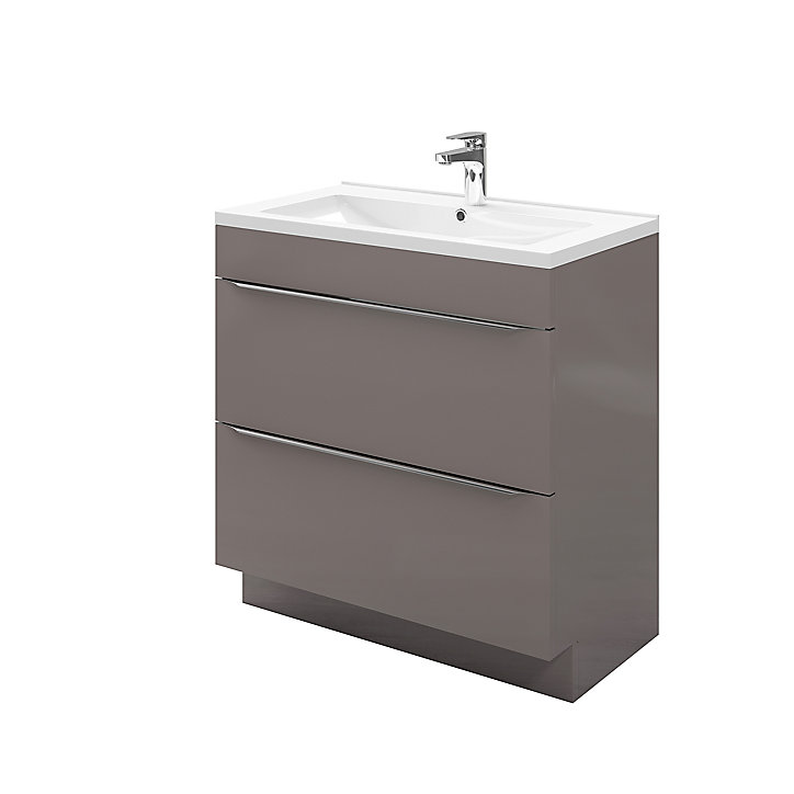 Ensemble l.80 cm meuble sous vasque Imandra gris taupé à poser + plan vasque Nira céramique blanc
