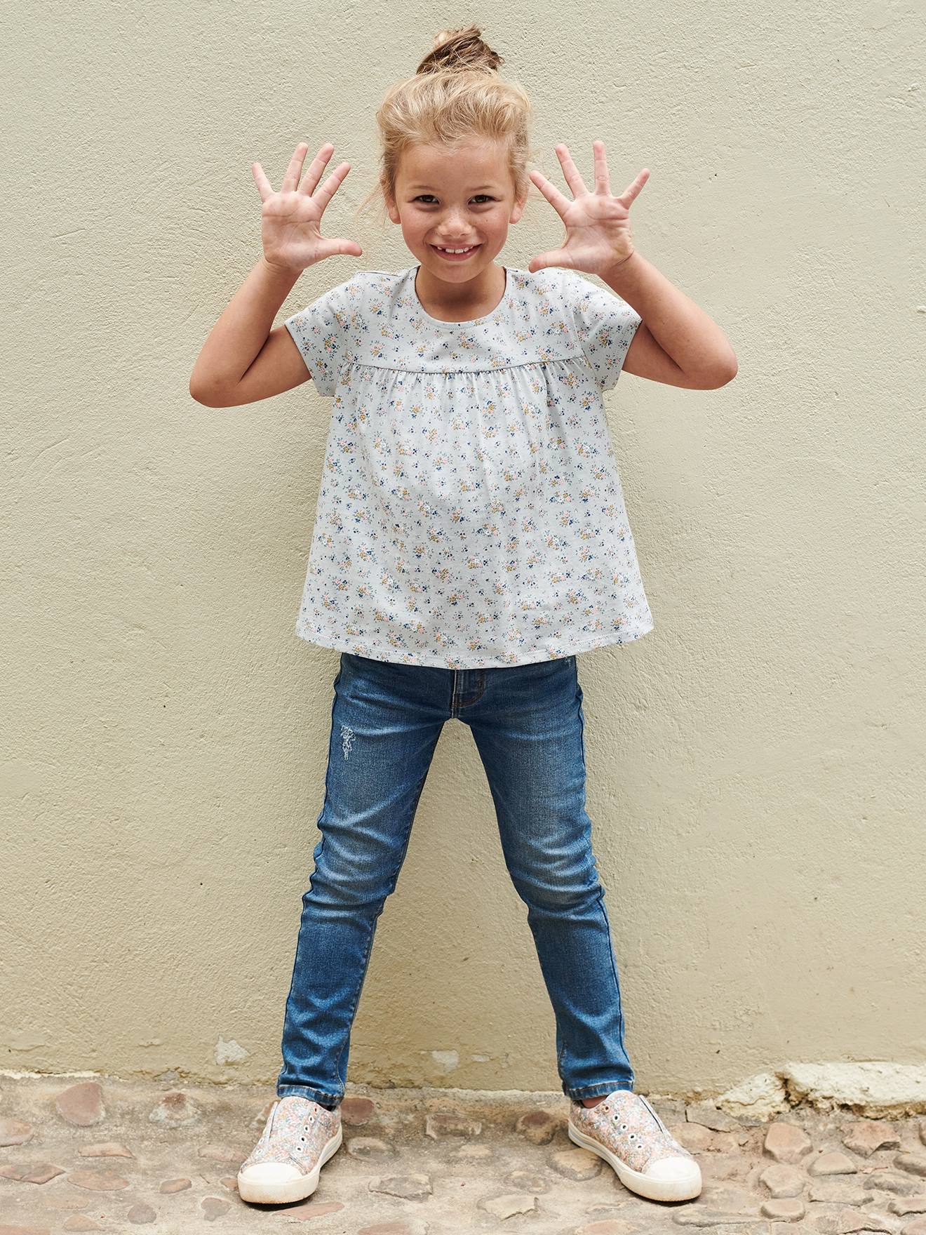 Blusa estilo camiseta floral azul claro para meninas