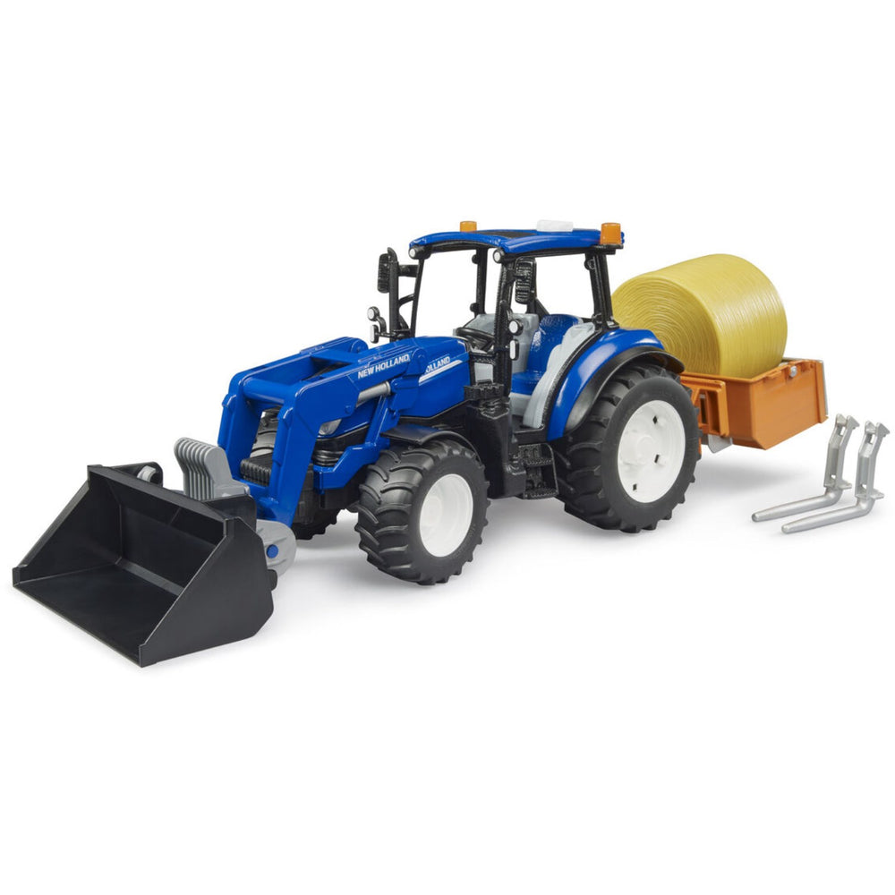 Køb Bruder New Holland T5.120 Med Slip-On Frontlæsser, Tømningskasse Og Gafler.