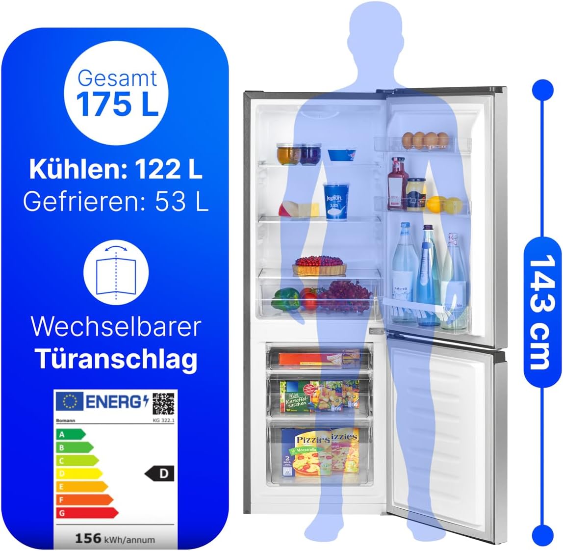Bomann® Kühlschrank mit Gefrierfach | Energieklasse D | 143cm | Kühl Gefrierkombination leise 39 dB | 3 Ablagen & 3 Schubladen | Türanschlag wechselbar | 175L Kühlgefrierkombi | KG 322.1 inox