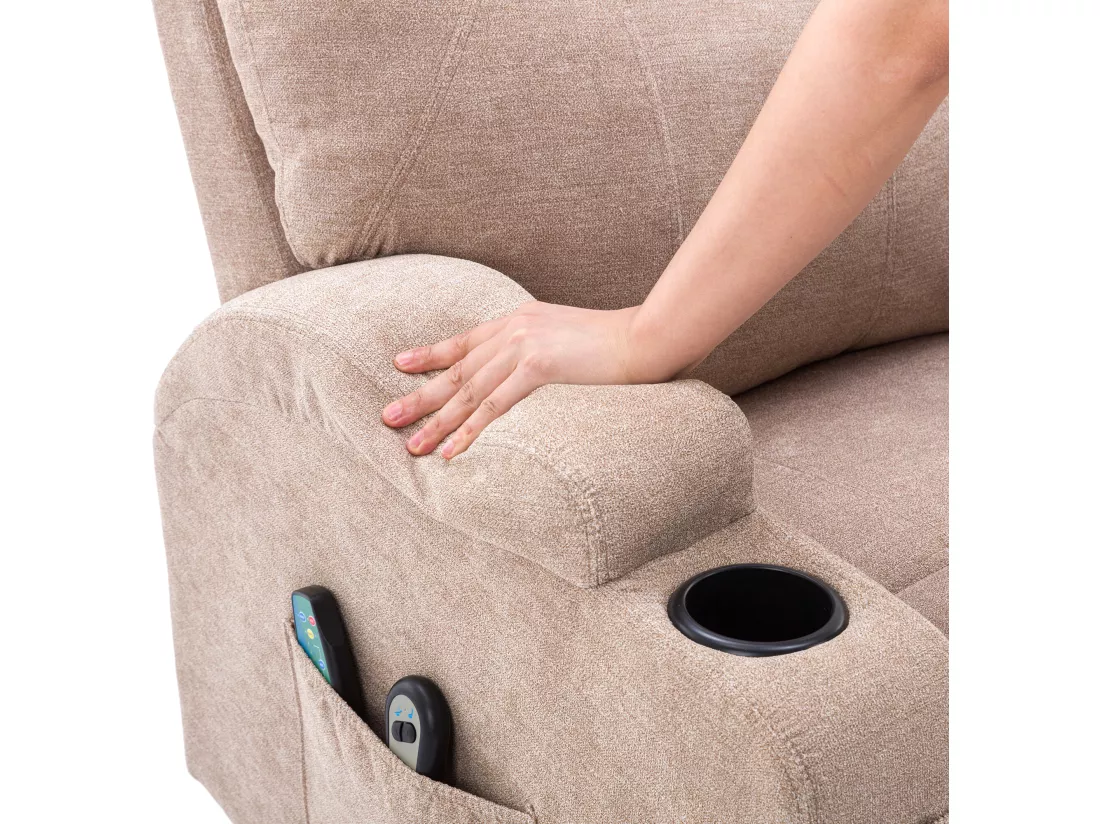 Fauteuil relax électrique avec fonctions de chauffage et de vibration - 2 porte-gobelets et poches latéralles - Gris clair