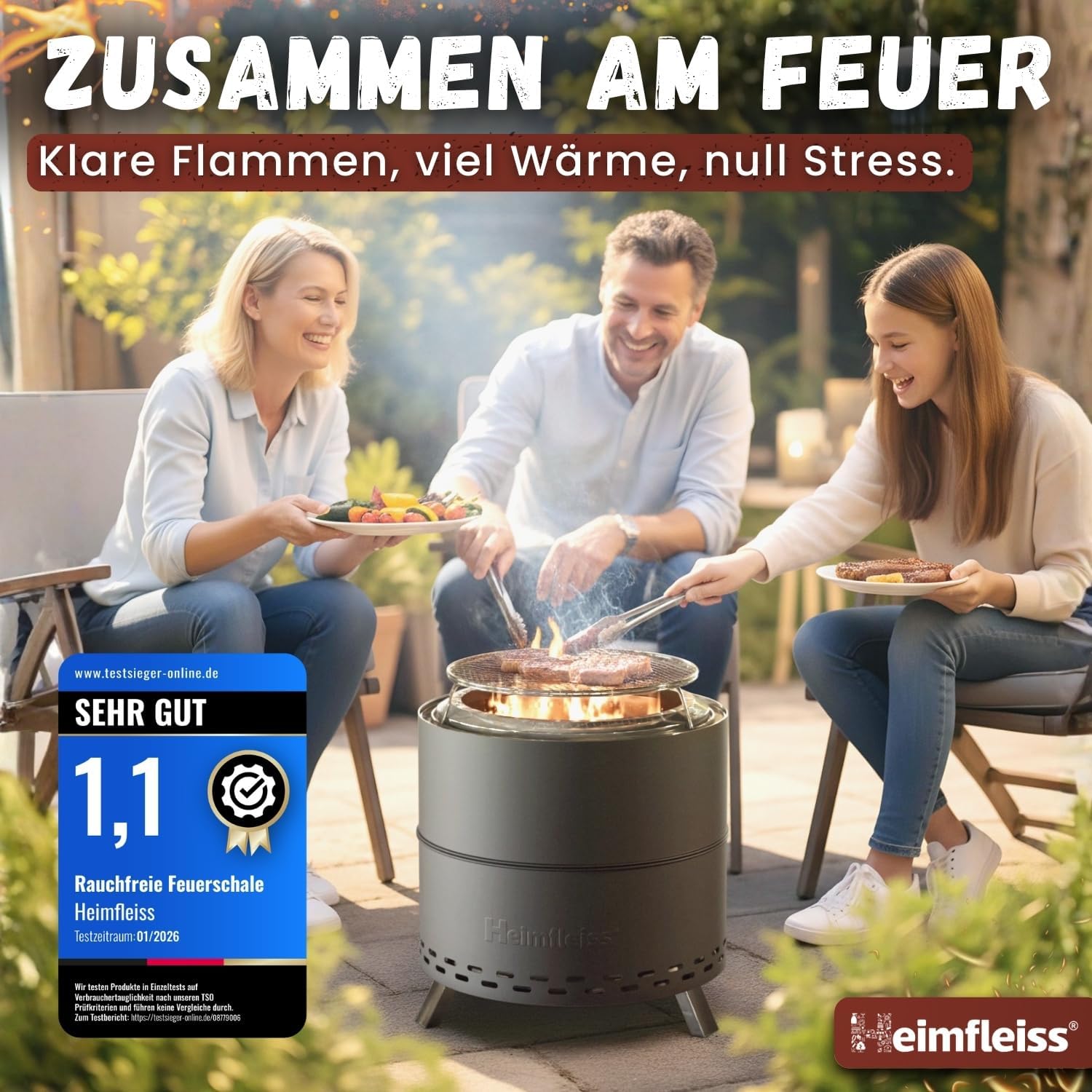 Heimfleiss® Rauchfreie Feuerschale Edelstahl Ø50cm | Feuerkorb mit Grillrost | Feuerschale Rauchfrei für Garten, Camping, Balkon & Terrasse | Rauchfreie Feuerstelle mit Grill | Feuertonne ohne Rauch