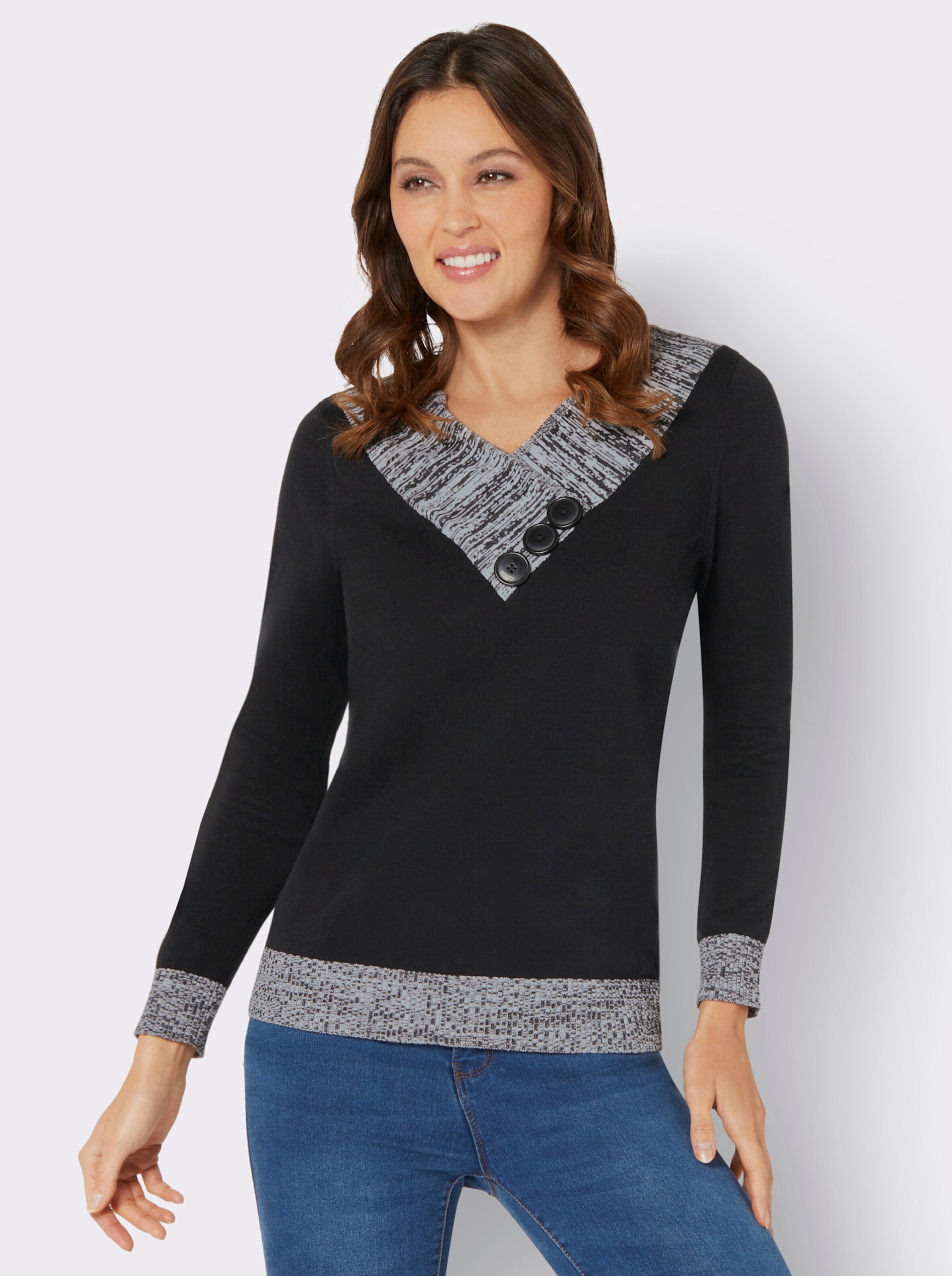 Langarm-Pullover mit Melange-Partien