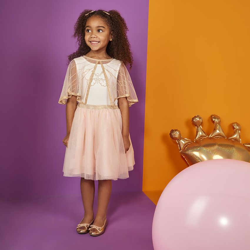 Robe de cérémonie avec cape en tulle effet ailes pailletées pour fille - Ecru