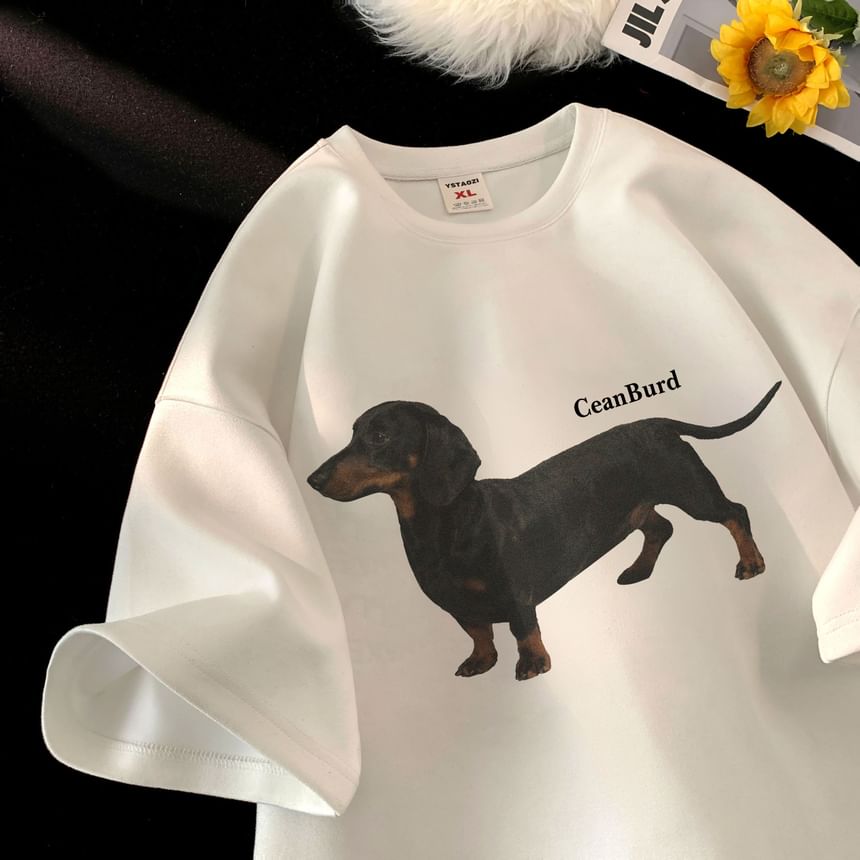 Breeson - T-shirt met ronde hals en hondenprint, met elleboogmouwen