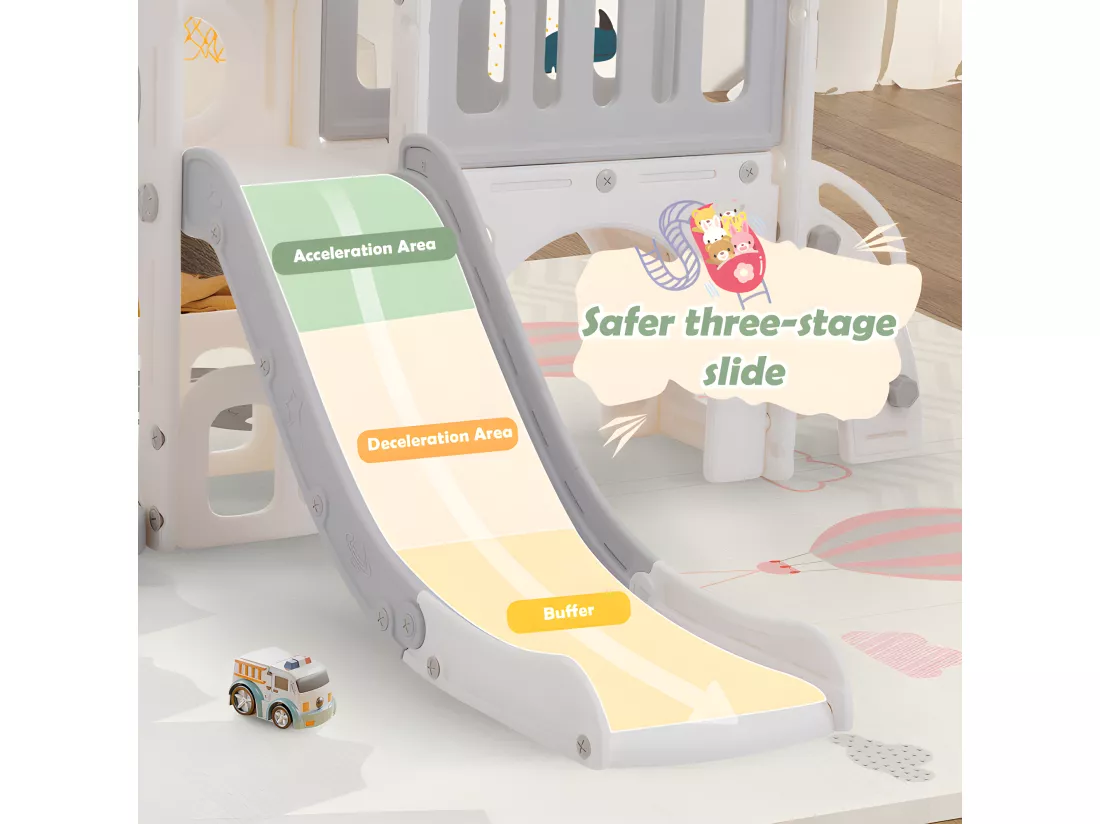 Toboggan pour enfants 7 en 1 - composé d'un toboggan, d'une balançoire, d'un panier de basket, d'un escalier, d'un tunnel, d'un passerelle et d'un rangement - Polyéthylène - Gris clair