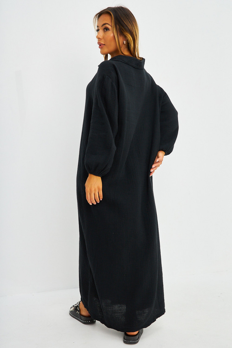 Robe chemise longue en coton texturé noir