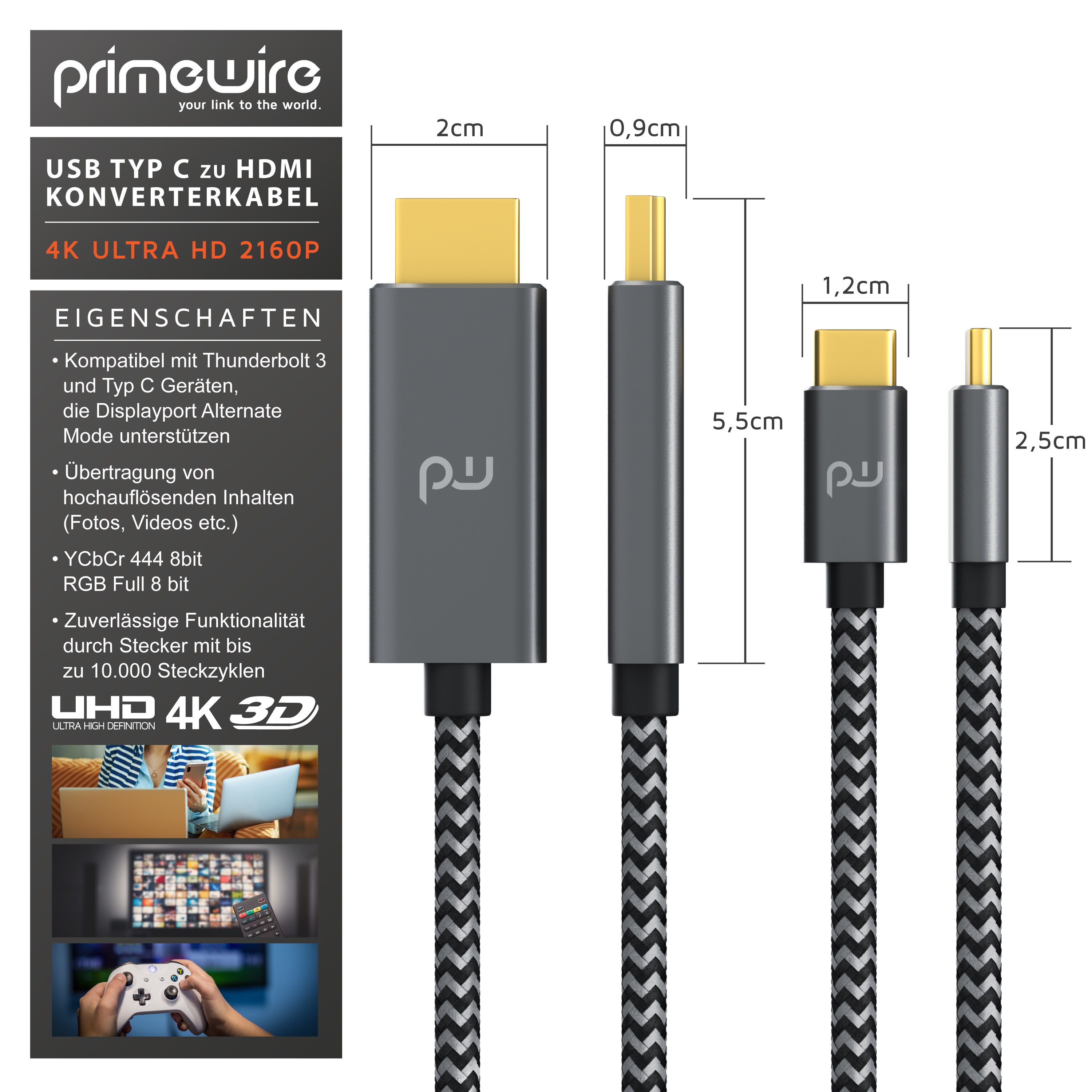 Primewire USB Typ C zu HDMI Konverterkabel Adapterkabel 4K 3840 x 2160 @ 60 Hz -5m