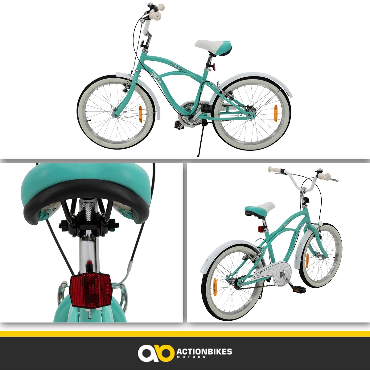Actionbikes Kinderfahrrad Cruiser 20 Zoll, Rosa/Türkis, verstellbar, Seitenständer, V-Brake-Bremsen (Türkis)