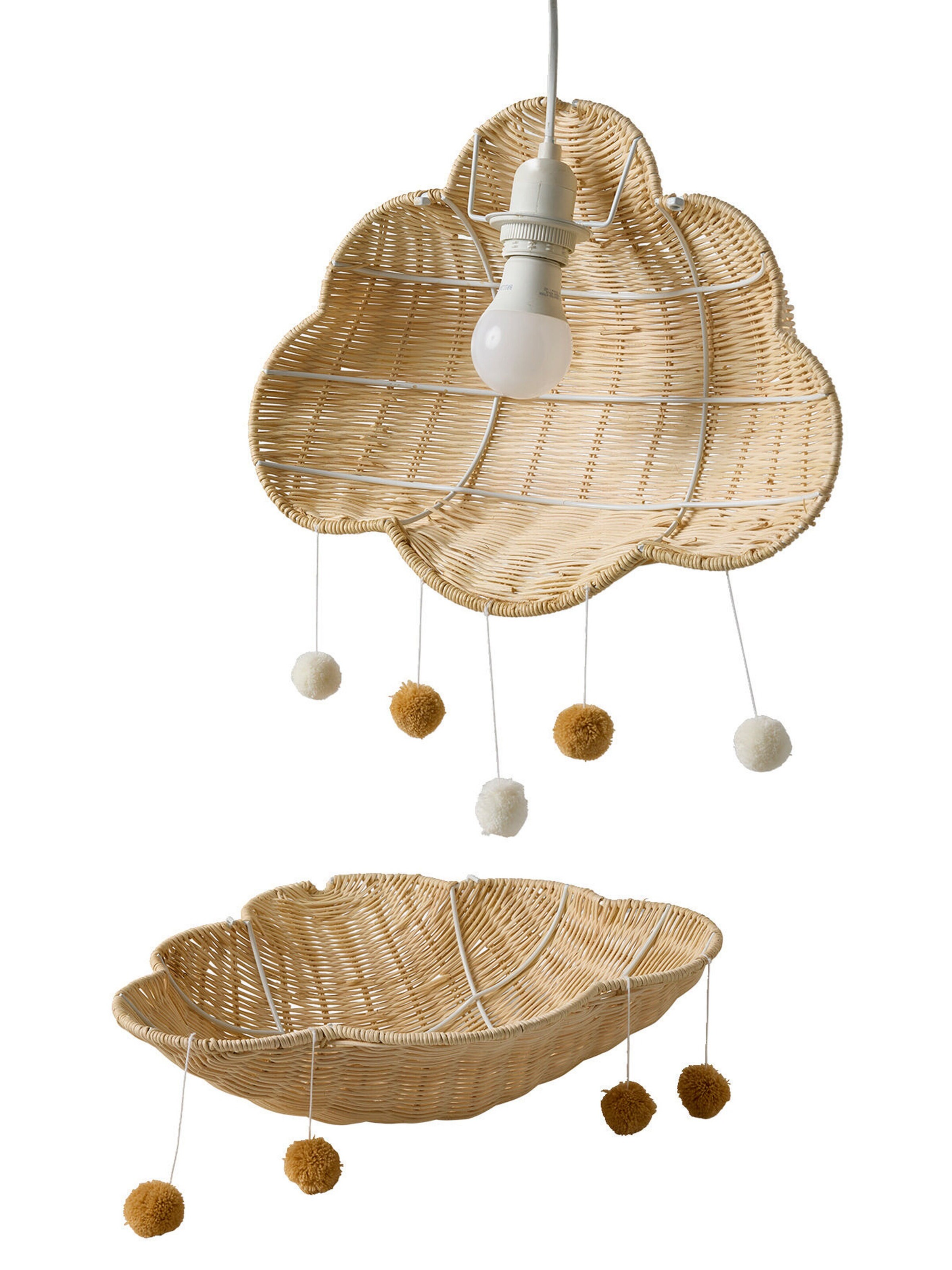 Vertbaudet Kinderzimmer Rattan-Lampenschirm in Wolkenform mit Pompons beige/ocker