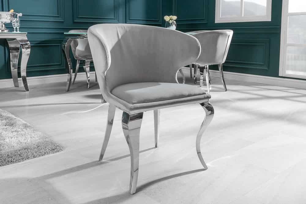 Eleganter Stuhl MODERN BAROCK II edel-grau Samt Edelstahlbeine