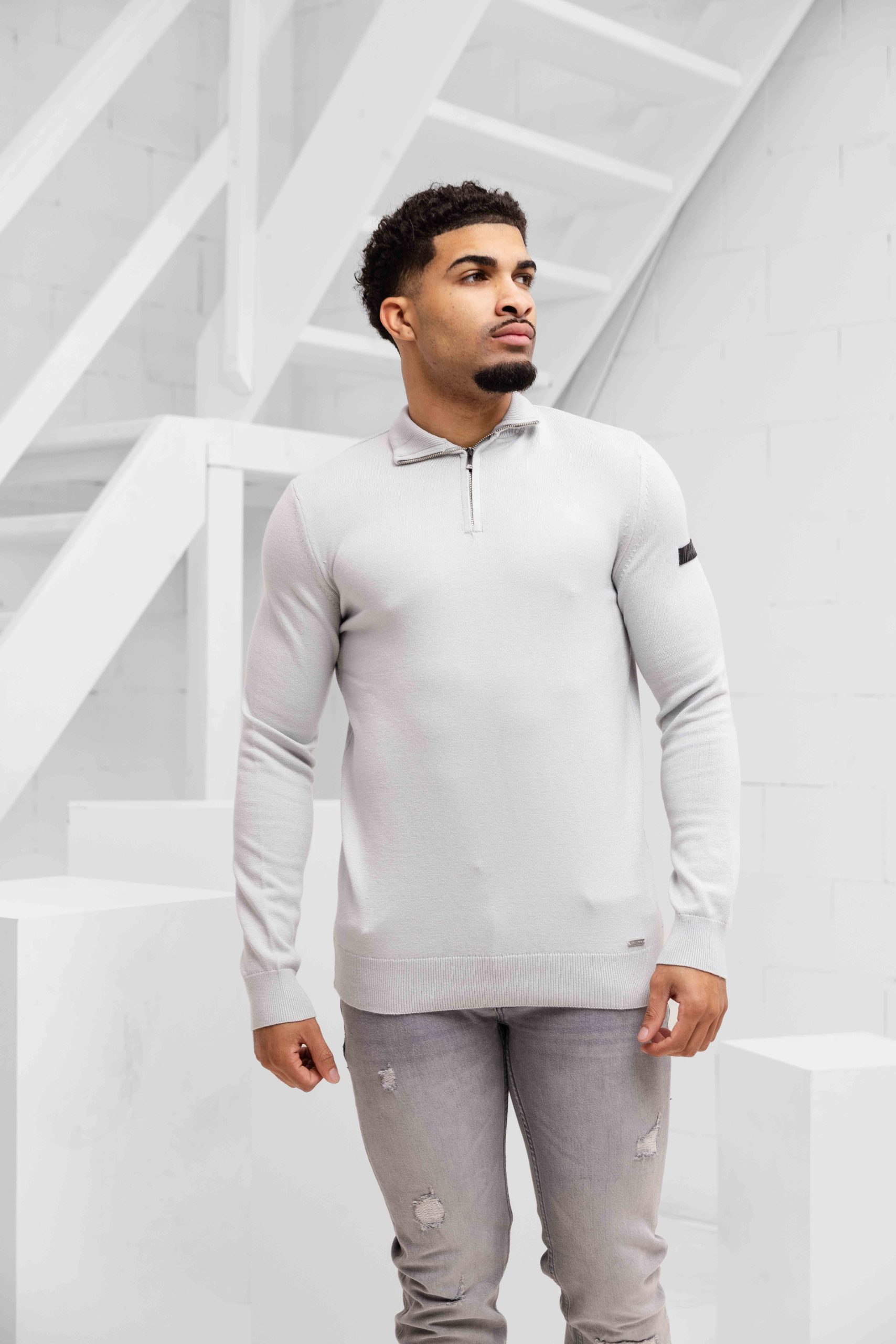 Malelions Knitted Quarter Zip Sweater Heren Lichtgrijs