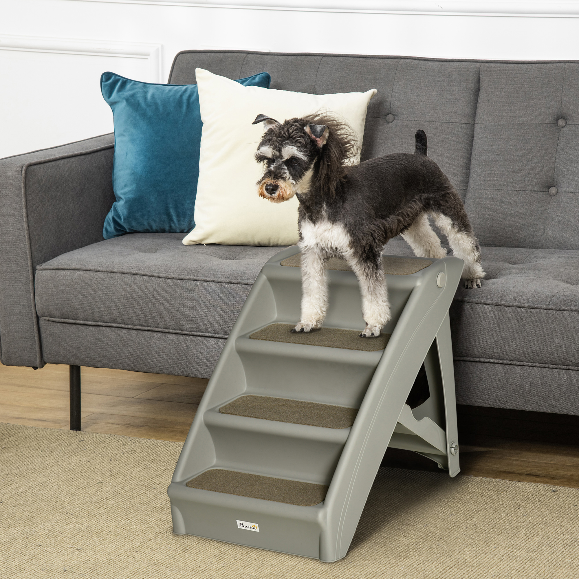 Escada dobrável de 4 degraus PawHut para animais de estimação, escada portátil para cães e gatos com tapetes antiderrapantes para cama e sofá, capacidade de carga de 20 kg, 62 x 38 x 49,5 cm, cinza.