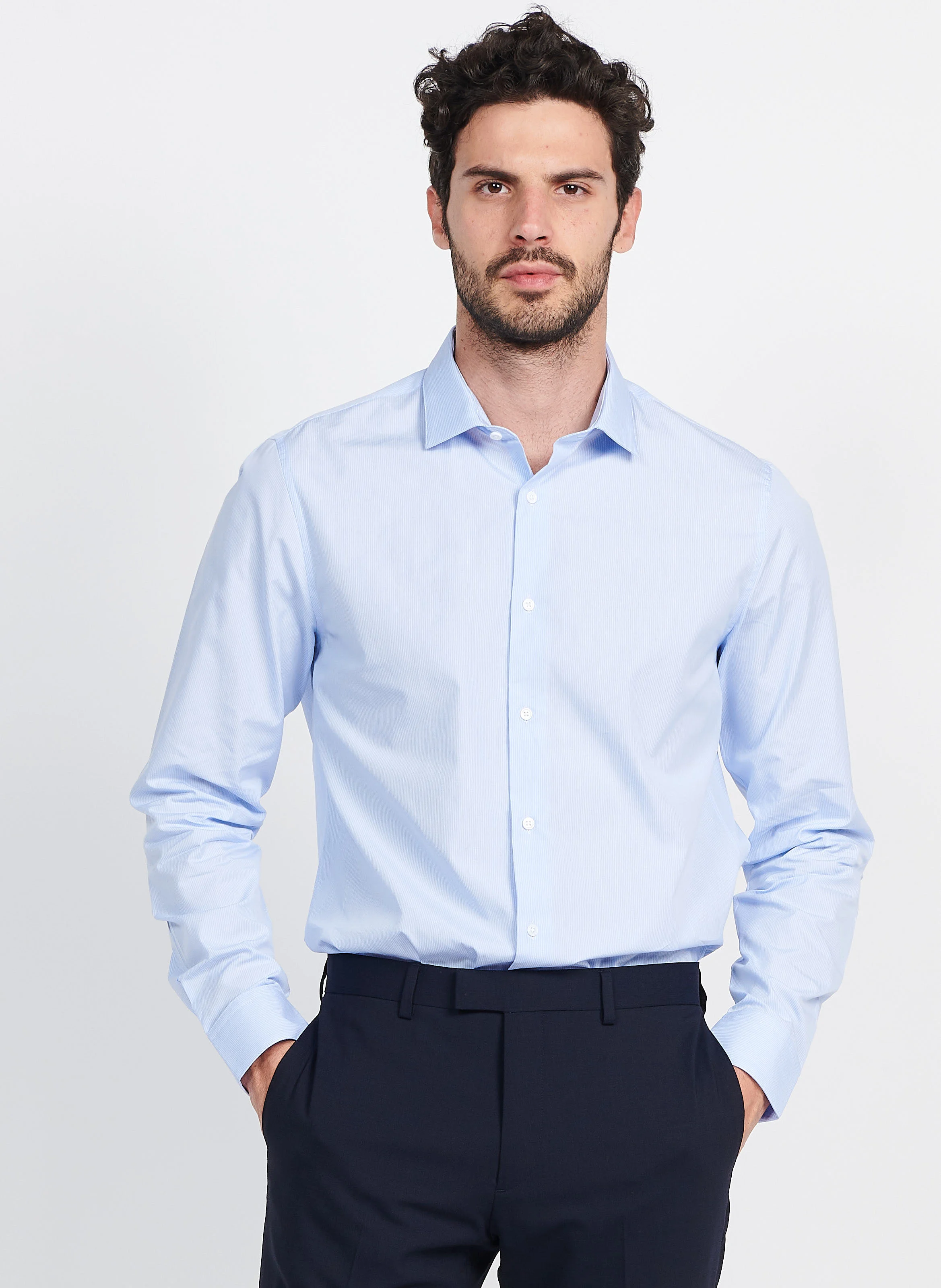 Chemise droite rayée en popeline de coton | Bleu