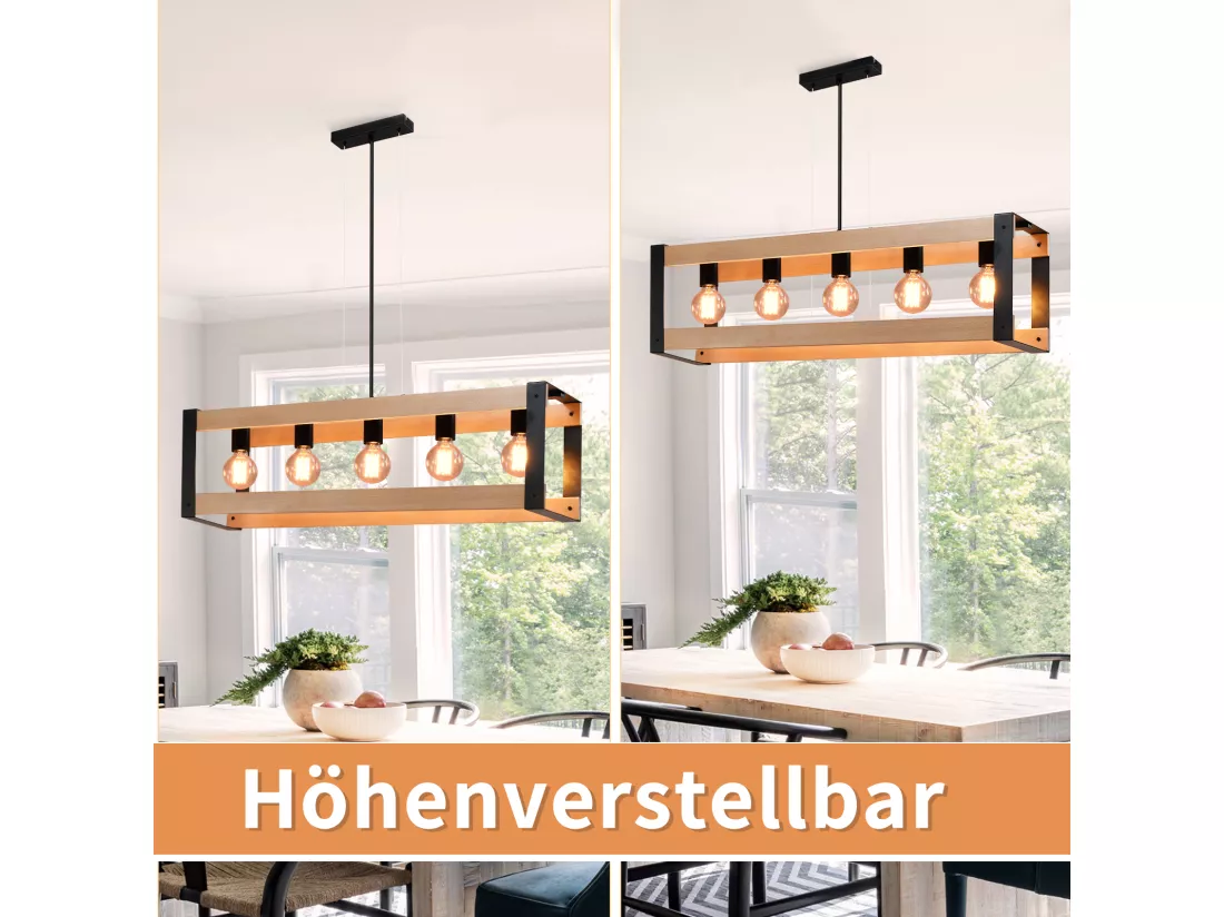 NETTLIFE Suspension lampe de salle à manger vintage en bois noire E27 5 flammes table à manger industrielle