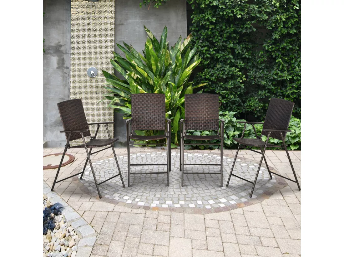 Tabourets de bar pliable style colonial - lot de 4 tabourets de bar - repose-pied + accoudoirs - métal époxy résine tressée chocolat