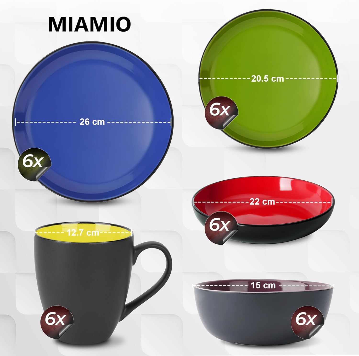 MIAMIO – Geschirrset 6 Personen/Steingut Geschirr Set 30-teilig, Tafelservice Steingut mit Tellern, Schüsseln, Tassen, und Suppentellern - Le Papillon Kollektion (Bunt,30 Teile Set)