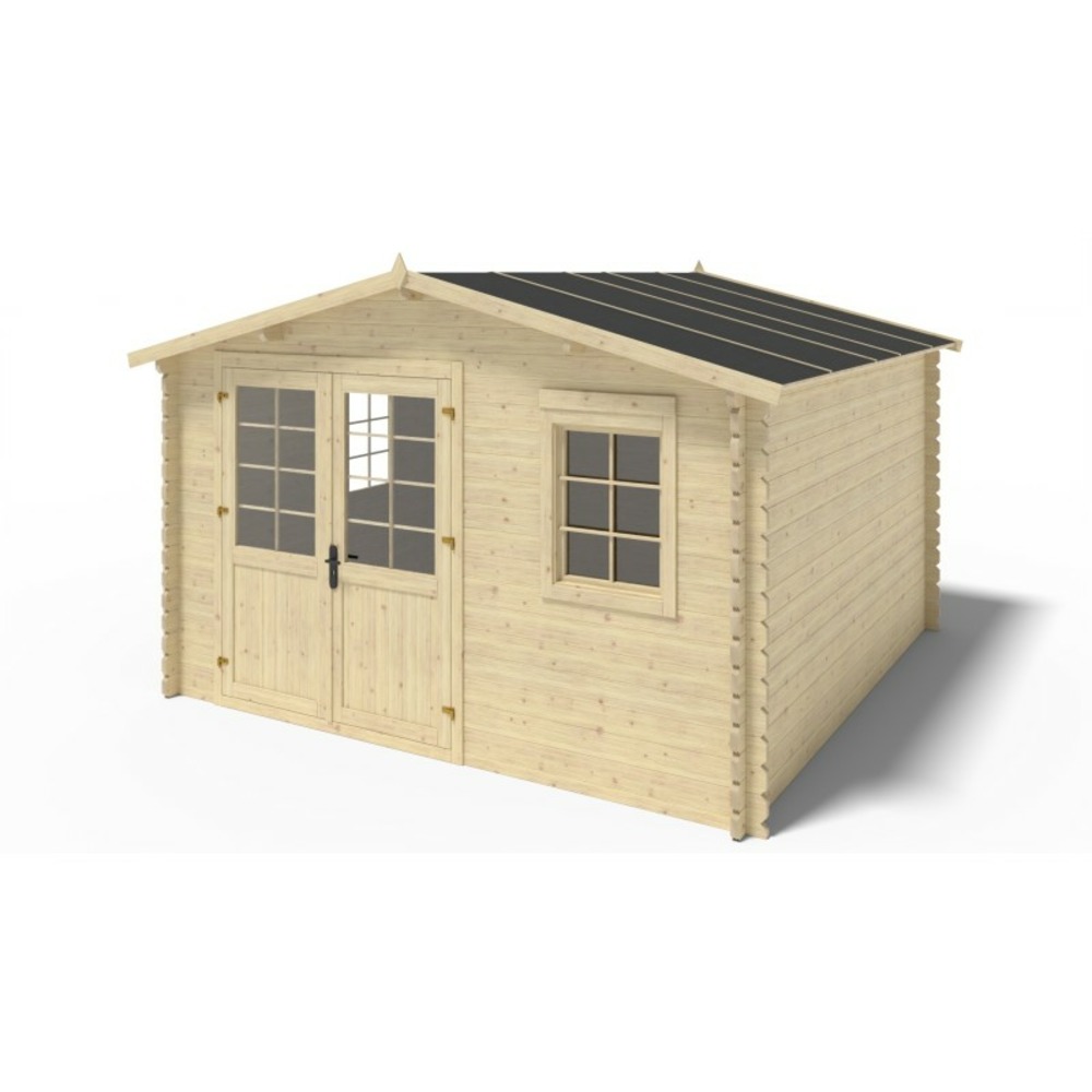 Abri de jardin en bois - 4x4 m - 24 m2 + terrasse avec balustrade et avant-toit en bois