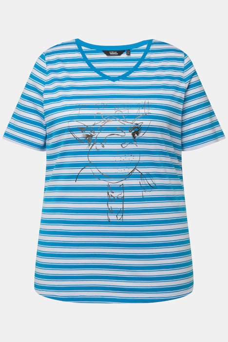 T-Shirt, Ringel, Metallic-Tiermotiv, V-Ausschnitt, Halbarm