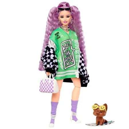 Barbie Extra Puppe in schwarz-weißer Rennwagejacke mit lila Haaren