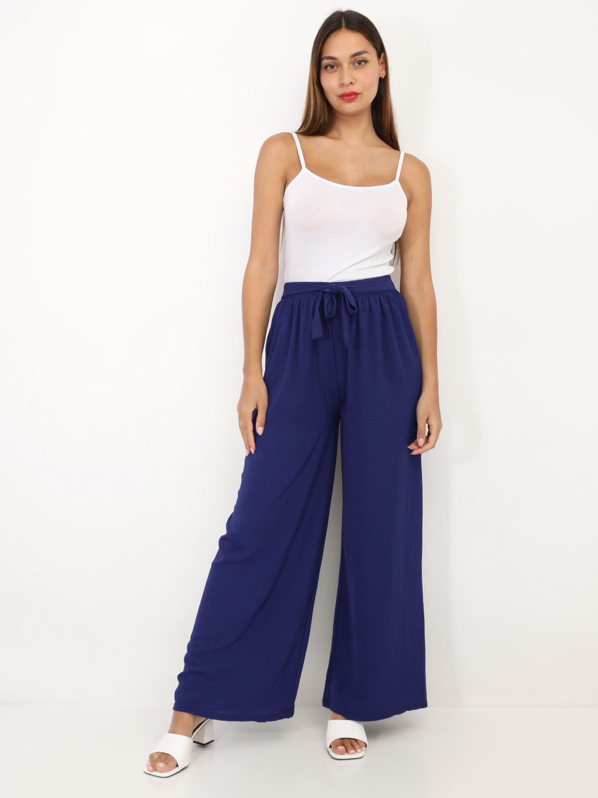 Pantalon ample ceinturé- Bleu