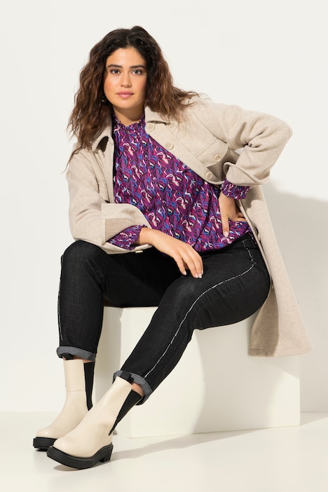 Bluse, Smok-Details, A-Linie, Stehkragen, Langarm