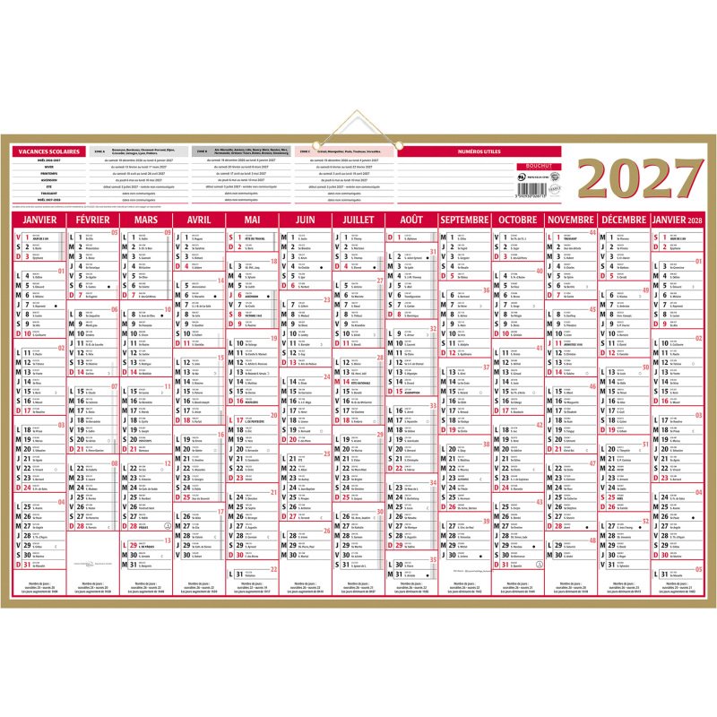 Calendrier annuel mural 2027 - Or - L 65 x 43 cm