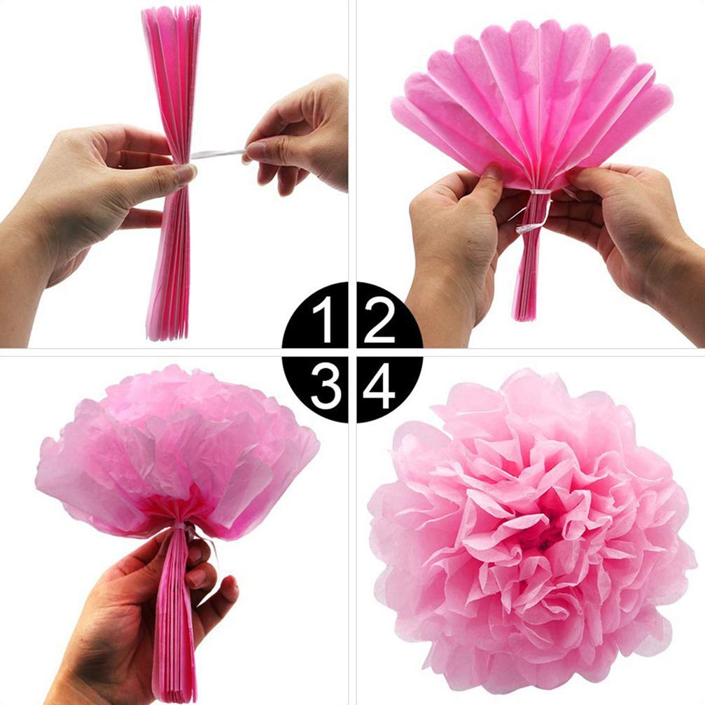 (18er Set) Papier Pompon's Deko Party / Geburtstag / Hochzeit - Pink / Weiss