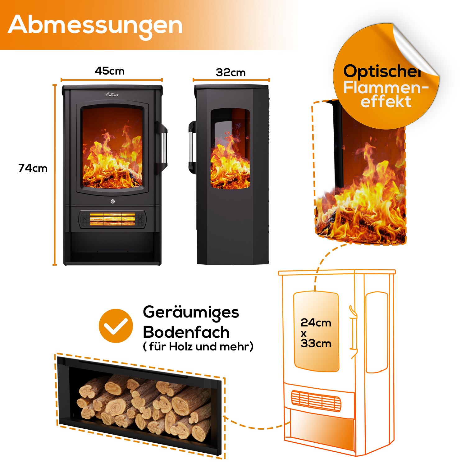 TroniTechnik® Elektrokamin elektrisch - Kaminfeuer mit LED Flammeneffekt, 1kW/2kW Watt,Thermostat,Sichtfenster 2000 Watt