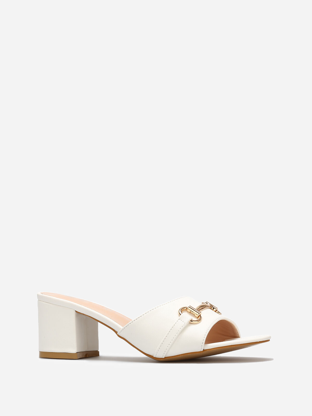 Mules à talon et détail boucle dorée- Blanc
