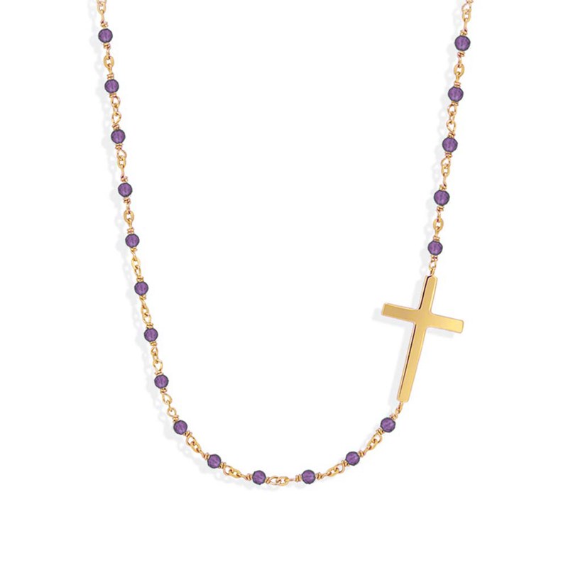 Collier Argent Doré Croix Et Pierre Amethyste