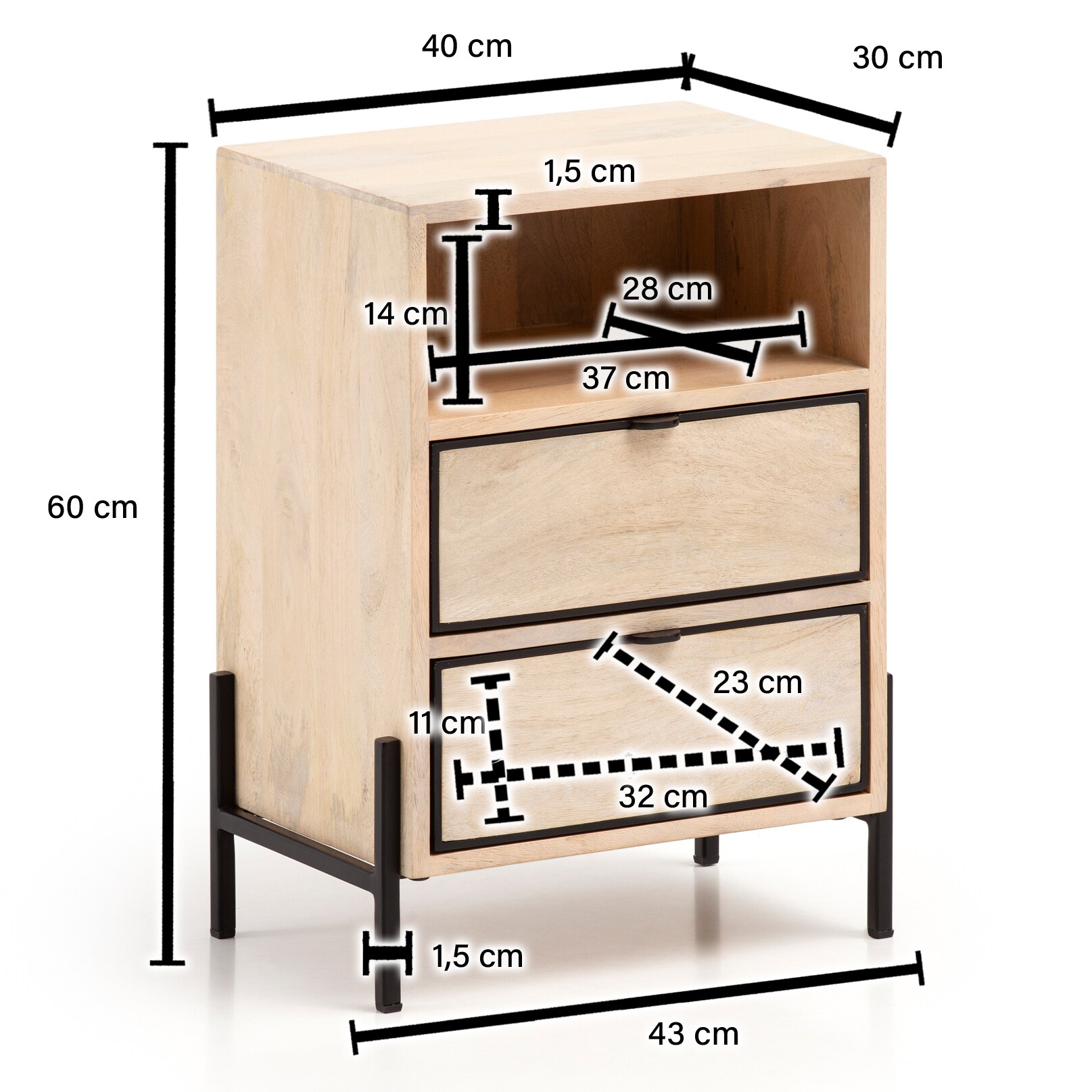 Nachttisch FineBuy Nachtkommode Boxspringbett Massivholz / Metall 43x60x30 cm
