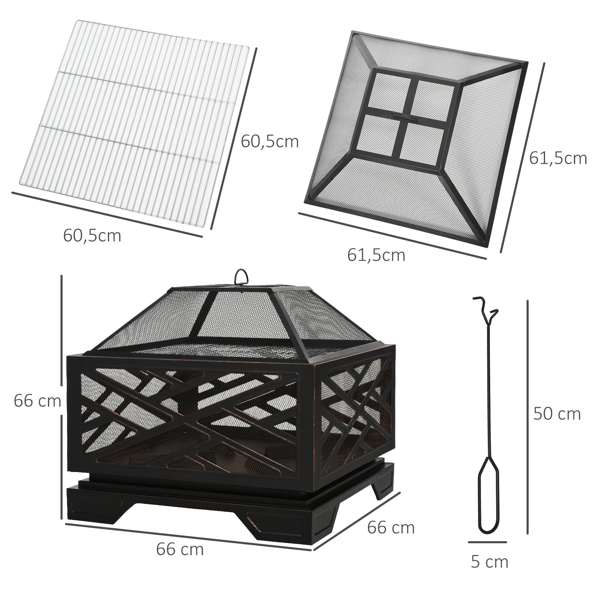 Outsunny Feuerschale mit Funkenschutz schwarz 66L x 66B x 66H cm