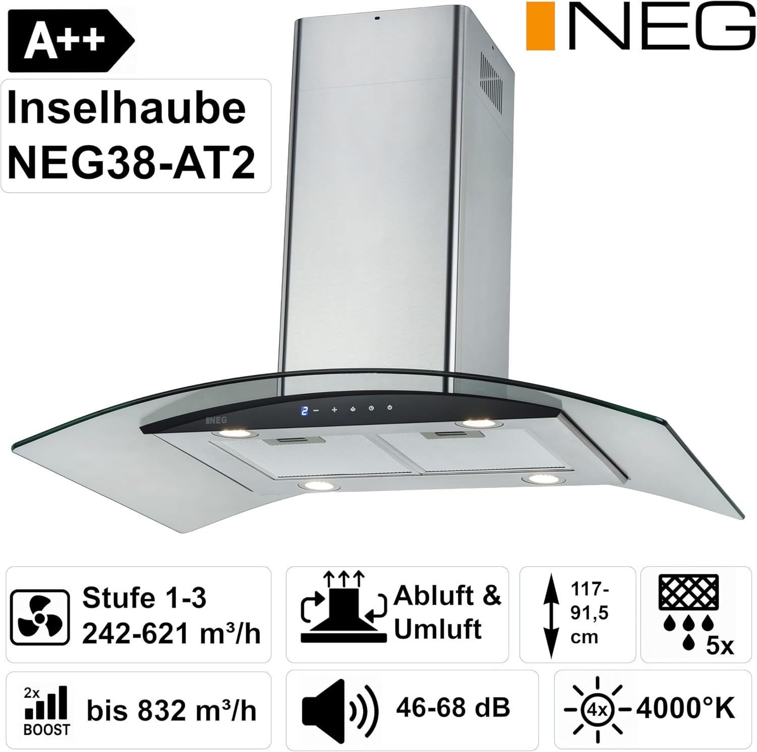 NEG Insel-Dunstabzugshaube NEG38-AT2 Abluft und Umluft, 90cm, 830 m³/h, Edelstahl, 2 Power-Stufen, Nachlauffunktion