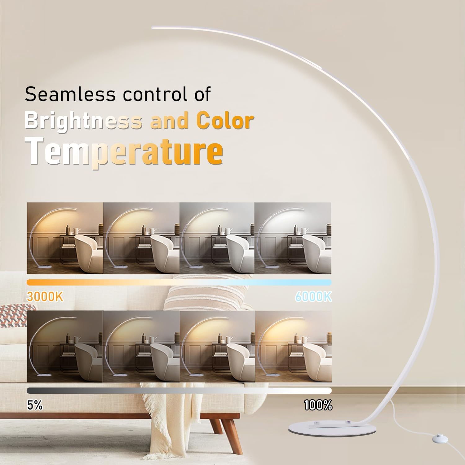 LED Stehlampe Wohnzimmer Bogenlampe, 25W Dimmbar Stehleuchte mit Fernbedienung, Weiß Modern Bogenleuchte 3 Farbtemperaturen & Memory-Funktion, Ecke Leselampe für Sofa Büro Schlafzimmer, 170CM