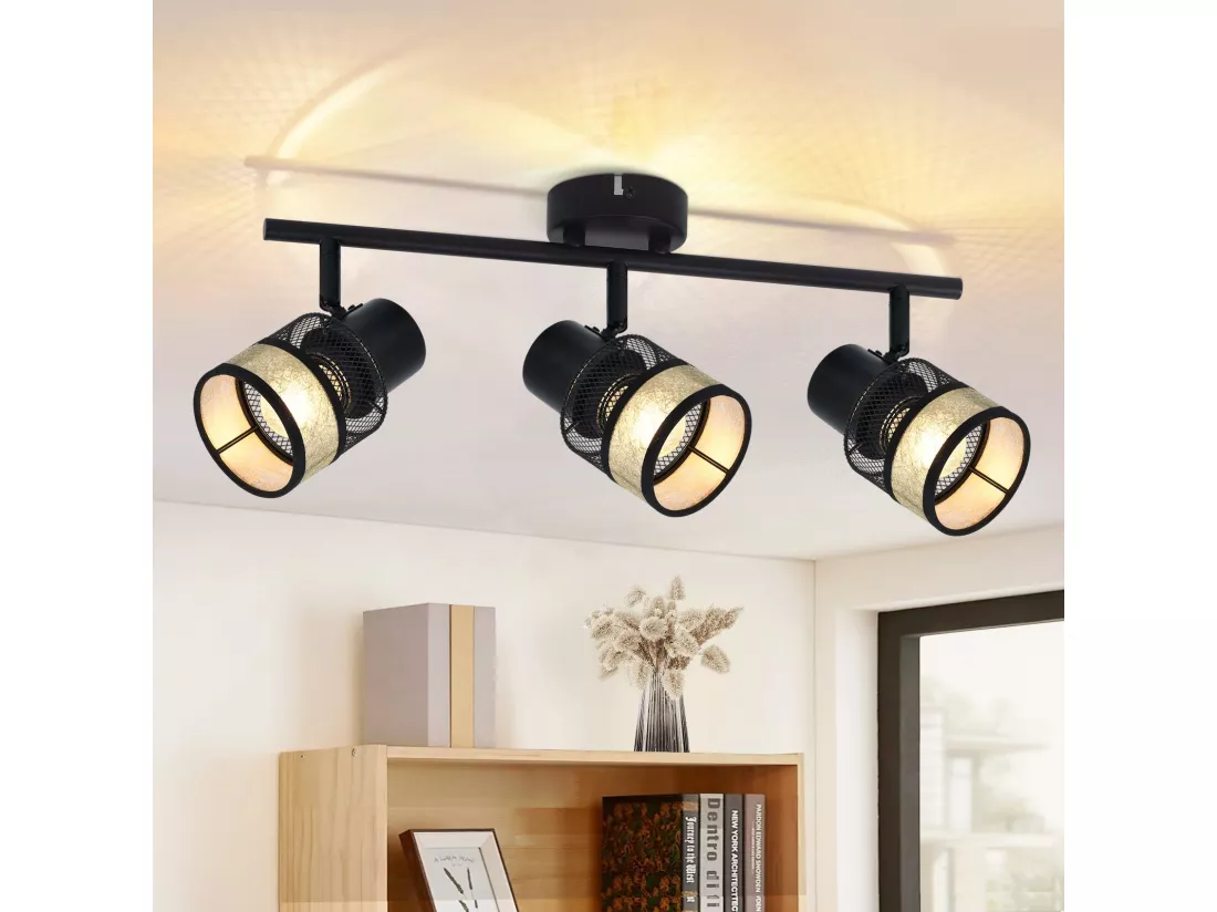 NETTLIFE Plafonnier 3 spots de E27 métal max. 25W noir - doré vintage abat-jour en tissu rotatif à 330° pour salon chambre cuisine couloir escaliers