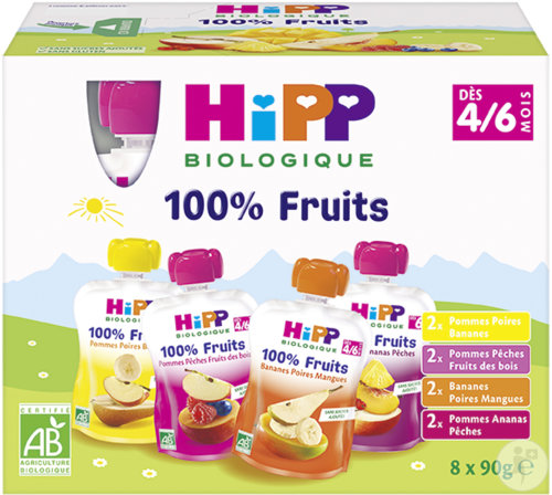 HiPP Biologique 100% Fruits Multipack Dès 4/6 Mois Gourdes 8x90g