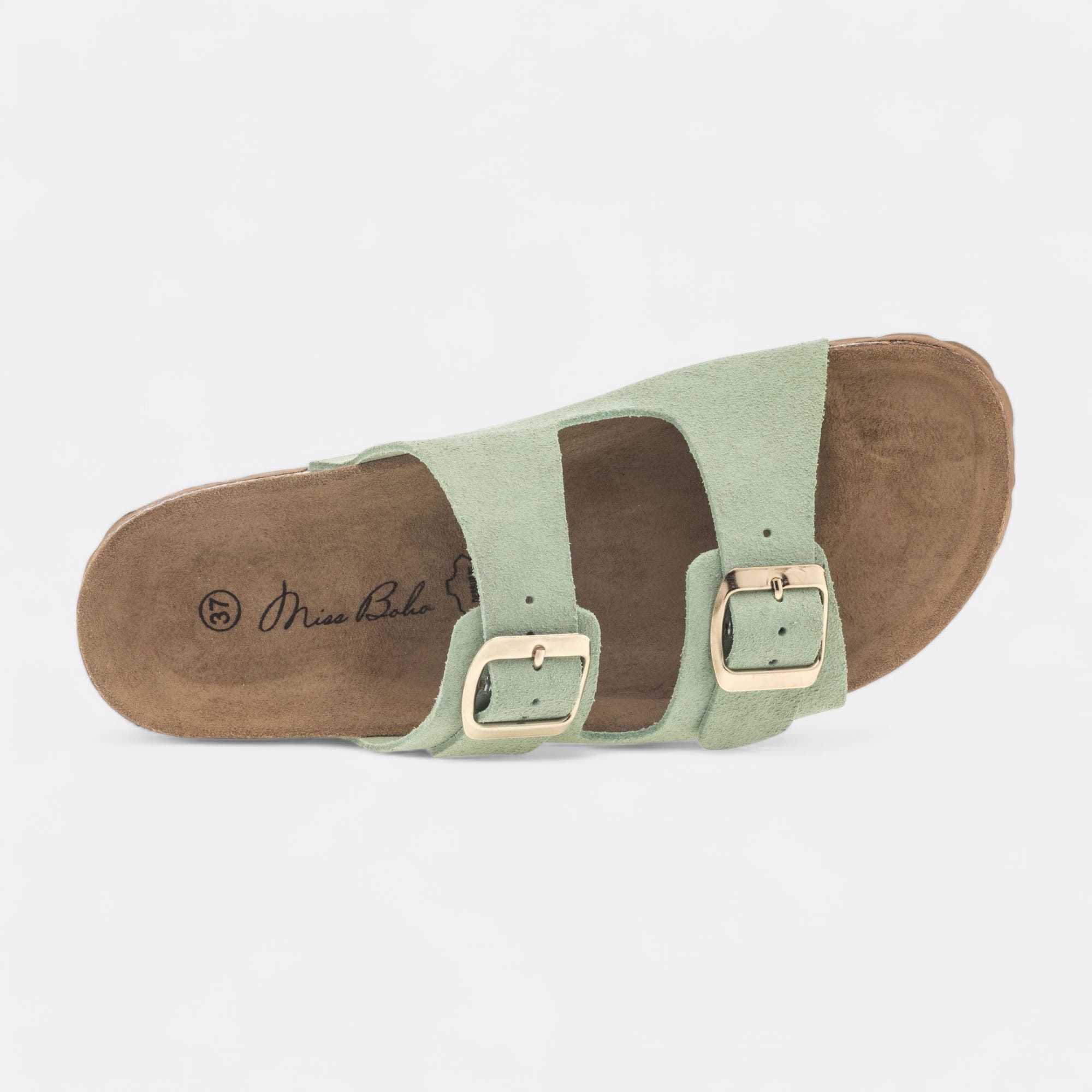 Mules semelle liège Femme en cuir vert clair