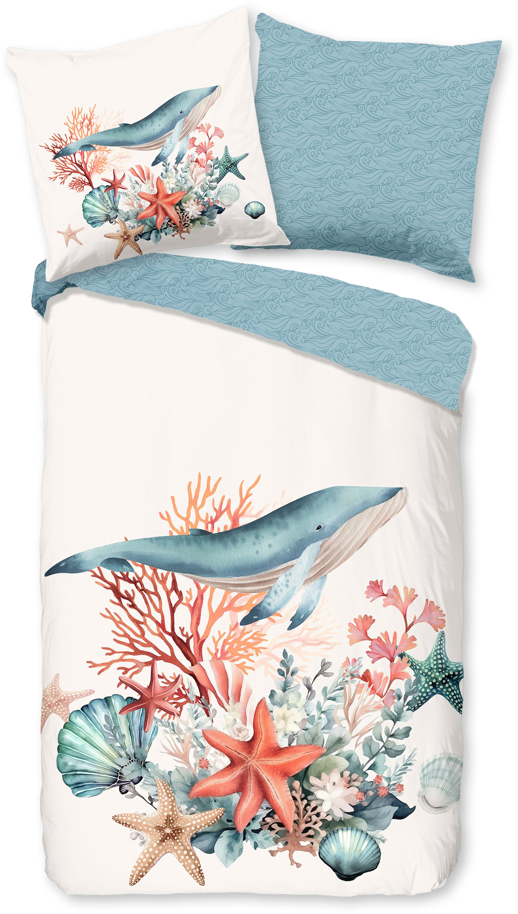 good morning Wendebettwäsche »Ocean« 2 Stk. tlg. 100% Baumwolle, Reissverschluss, Wendeoptik, Maritim, Meer, Türkis Weiss