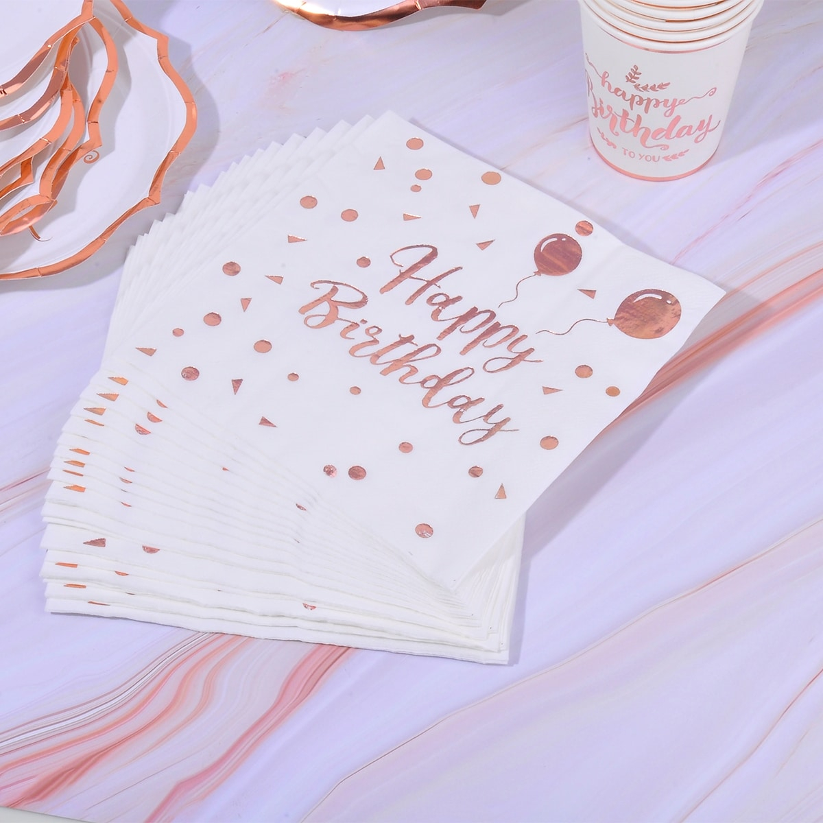 (64-tlg. Set) Happy Birthday Einweg Geschirr Geburtstags Party Tisch Deko inkl. Teller / Servietten / Papp Becher - Weiss / Roségold