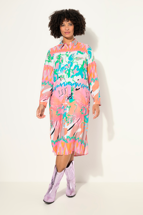 Hemdblusen-Midikleid, Allover-Druck, Knopfleiste