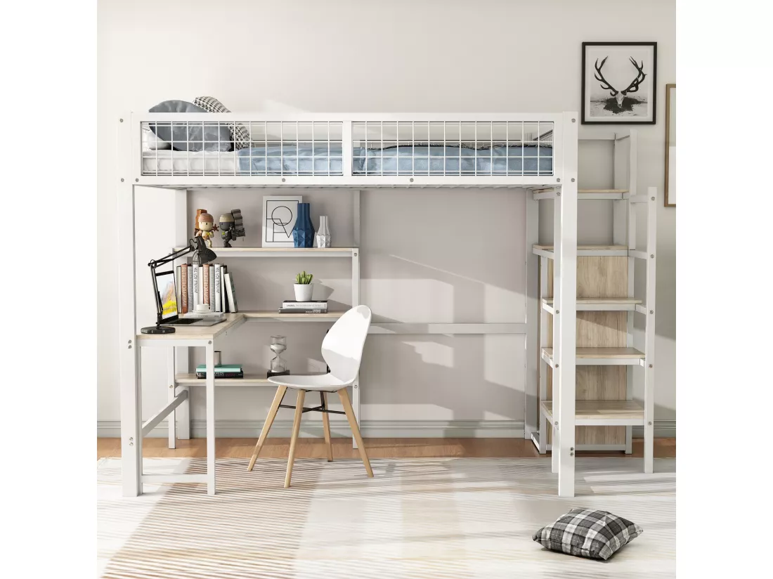 Lit mezzanine 140 x 200 cm avec bureau en L, armoire et étagères - Métal + MDF - Sommier à lattes - Blanc (sans matelas)