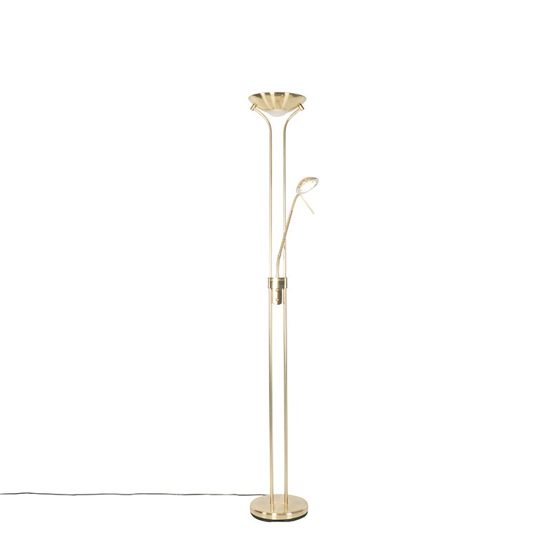 QAZQA - Moderne vloerlamp | Staande lamp | Vloerlamp | Lamp | Messing lamp met leeslamp incl. LED dimbaar - Diva Dimmer | Dimbaar | Woonkamer | Slaapkamer | Uplighter - Staal, Langwerpig